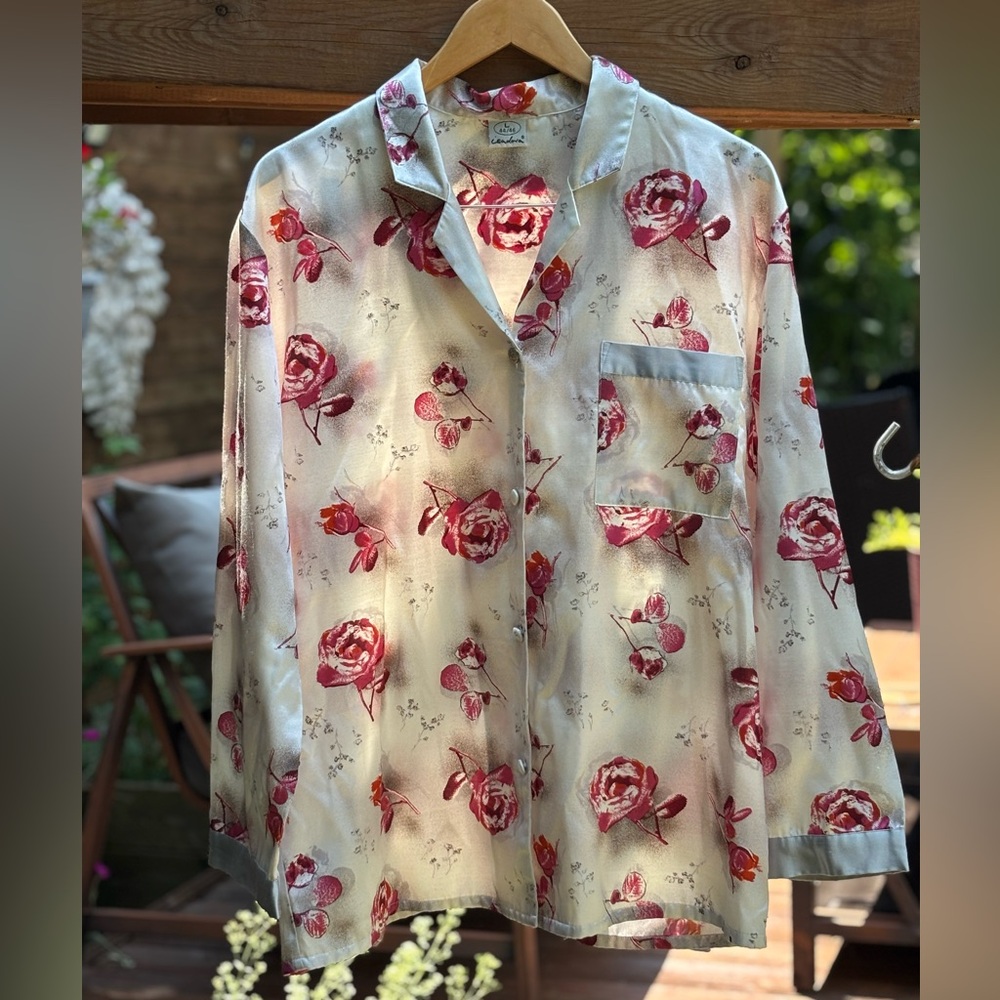 Rose flower silky shirt, Red and White Floral Pajama Top, Intimates Sleepwear